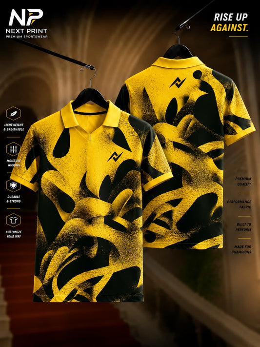 Front and back view of the Elite Shadow Camo Performance Polo Jersey featuring an abstract black camouflage pattern on a vibrant yellow base with a premium polo collar.