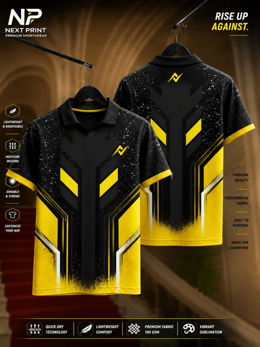 Black and yellow premium polo sports jersey featuring futuristic geometric graphics with front and back views in breathable dry-fit fabric.