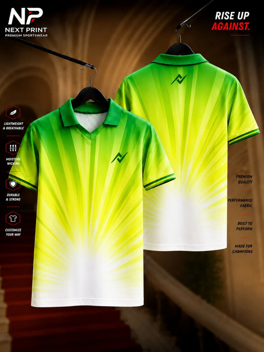 Front and back view of the Elite Solar Burst polo sports jersey featuring a radiant lime green and yellow sunburst design on premium dry-fit fabric with a polo V-neck collar.