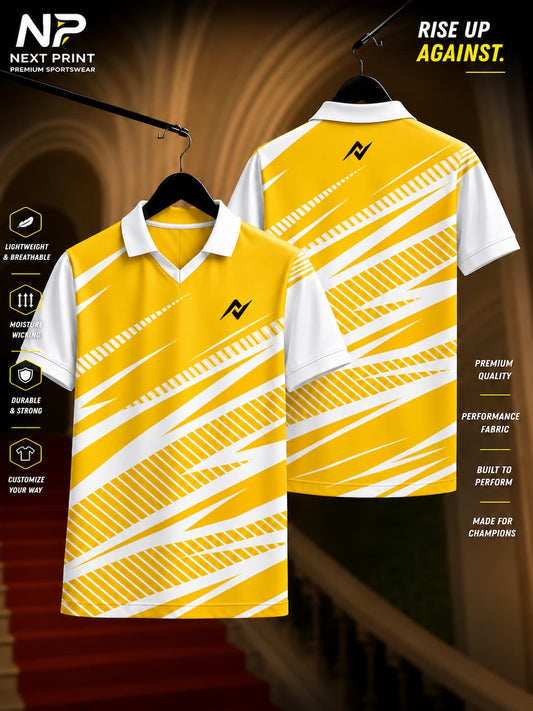 Yellow and white polo sports jersey featuring bold diagonal stripe graphics with white sleeves, shown in front and back views.