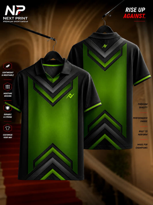 Front and back view of the Elite Stealth Vortex polo sports jersey featuring a black and neon green layered chevron design with premium dry-fit fabric and a polo V-neck collar.