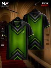 Front and back view of the Elite Stealth Vortex polo sports jersey featuring a black and neon green layered chevron design with premium dry-fit fabric and a polo V-neck collar.