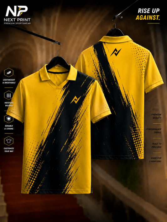 Front and back view of Elite Strike Gold Brush Polo Sports Jersey featuring a bold black diagonal brushstroke design on premium yellow dry-fit fabric with a polo V-neck collar.