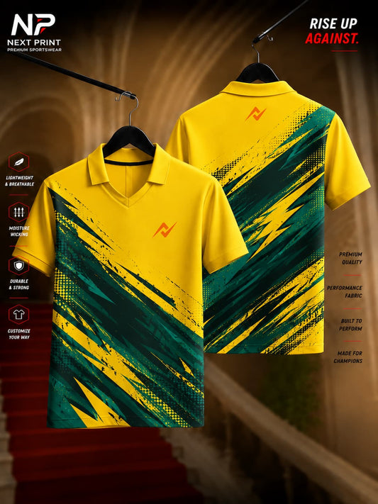 Front and back view of the Elite StrikeWave yellow polo sports jersey featuring teal and black abstract brush-stroke graphics on premium dry-fit fabric.