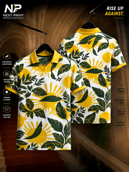 Front and back view of the Elite Sunshine Tropic Polo Sports Jersey featuring a white base with yellow sunshine graphics and green tropical leaf pattern on premium dry-fit fabric with a polo V-neck collar.