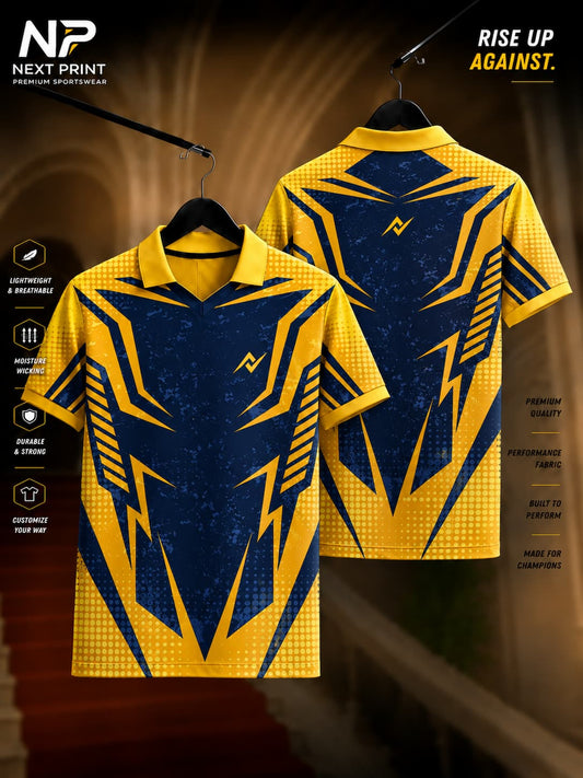 Front and back view of the Elite Thunder Strike Performance Polo Jersey featuring a navy blue geometric panel, yellow lightning accents, halftone graphics, and a premium polo collar.