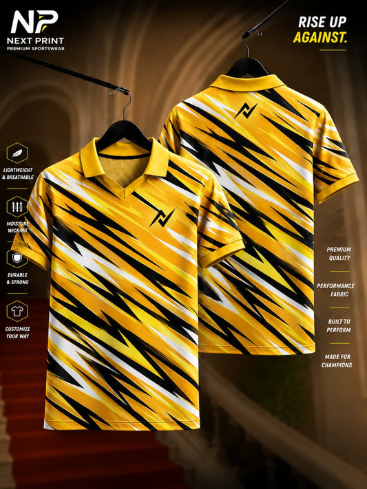 Elite Thunder Strike yellow and black polo sports jersey featuring bold diagonal lightning-style graphics with front and back views.