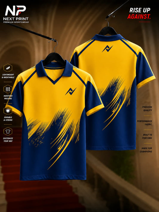Premium yellow and navy blue polo sports jersey featuring bold brush-stroke graphics with front and back views in breathable dry-fit fabric.