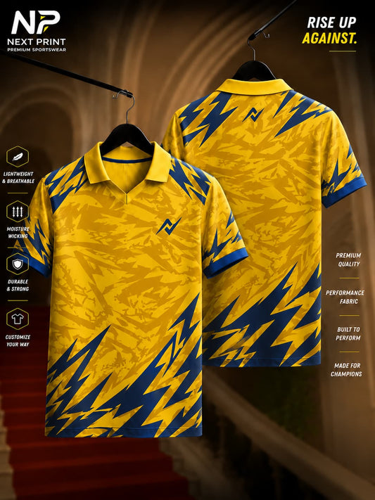 Yellow polo sports jersey featuring blue thunder graphics and textured camouflage pattern with front and back views.