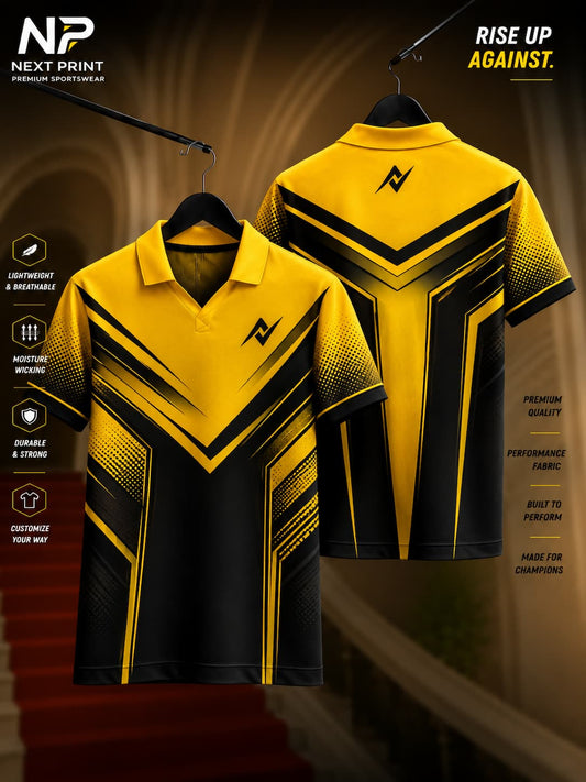 Elite ThunderStrike yellow and black polo sports jersey featuring bold geometric stripe graphics with front and back views.