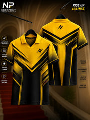 Elite ThunderStrike yellow and black polo sports jersey featuring bold geometric stripe graphics with front and back views.