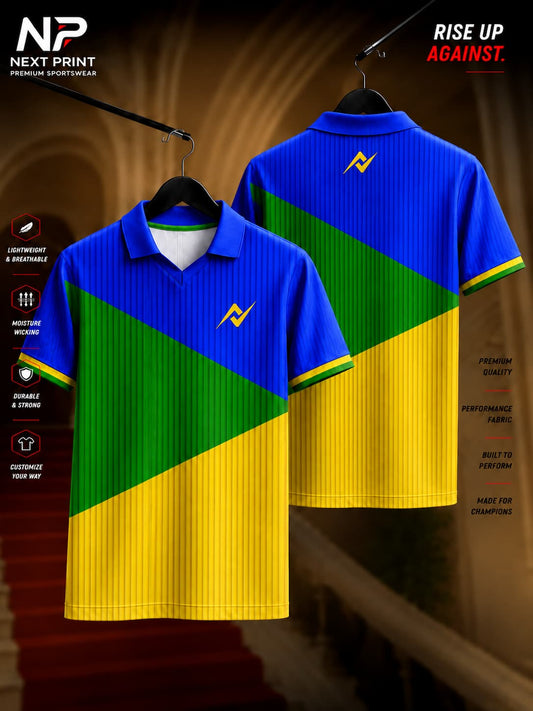 Front and back view of Elite TriFusion Performance polo sports jersey featuring royal blue, emerald green, and yellow diagonal color-block graphics with fine vertical pinstripes and a premium polo V-neck collar.