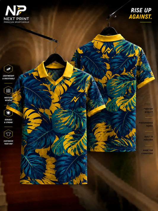 Front and back view of the Elite Tropical Fusion Polo Sports Jersey featuring a navy blue and gold tropical leaf pattern with premium dry-fit fabric and a polo V-neck collar.