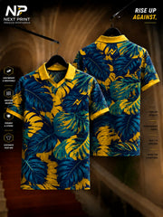 Front and back view of the Elite Tropical Fusion Polo Sports Jersey featuring a navy blue and gold tropical leaf pattern with premium dry-fit fabric and a polo V-neck collar.