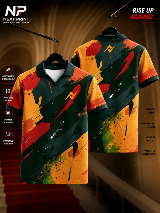 Front and back view of the Elite Urban Splash Polo V-Neck Sports Jersey featuring abstract red, charcoal, orange, and gold brush-stroke graphics with a premium athletic fit.