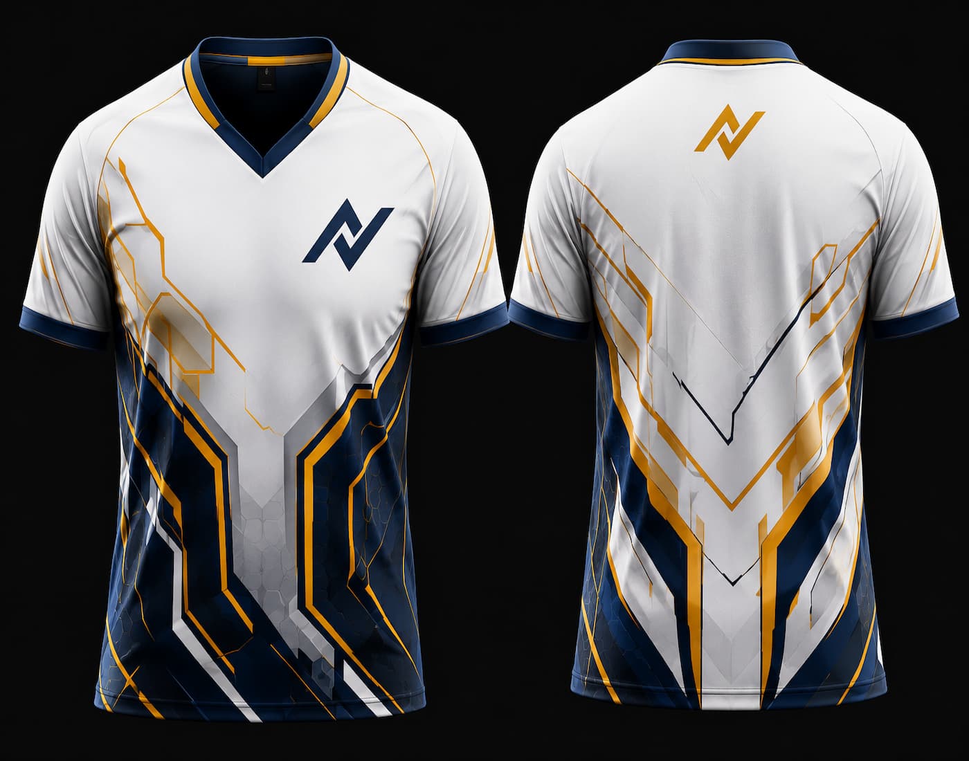 Front and back mockup of a white, navy blue, and gold V-neck esports jersey featuring futuristic geometric armor-inspired graphics with chest logo and back neck logo.