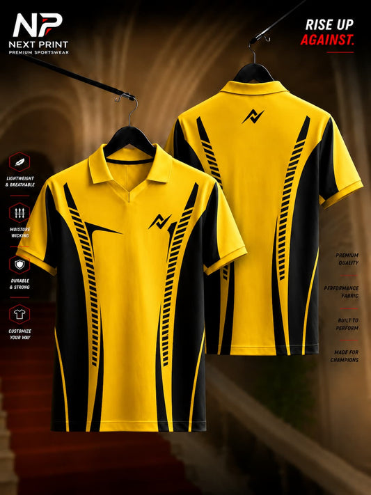 Front and back view of the Elite Velocity Edge Performance Polo Jersey featuring black side panels, yellow body, racing stripe graphics, and a premium polo collar.