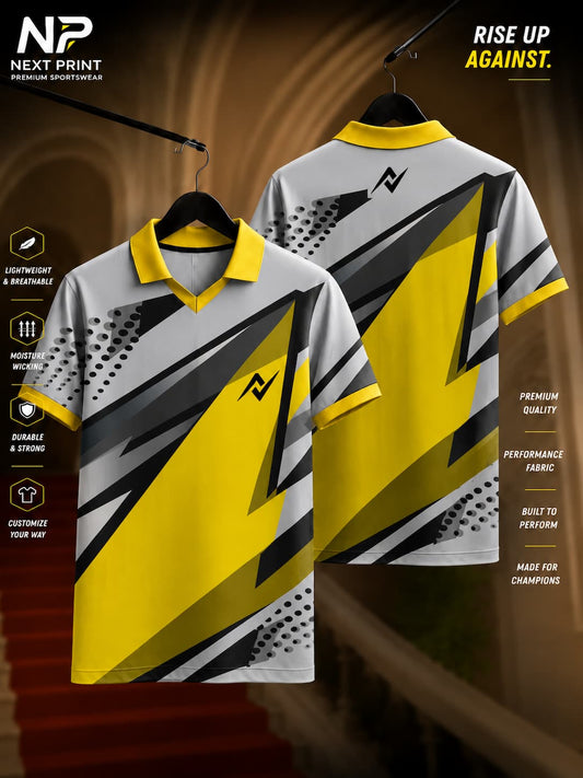 Elite Velocity Edge yellow, grey, black, and white polo sports jersey featuring bold angular graphics with front and back views.