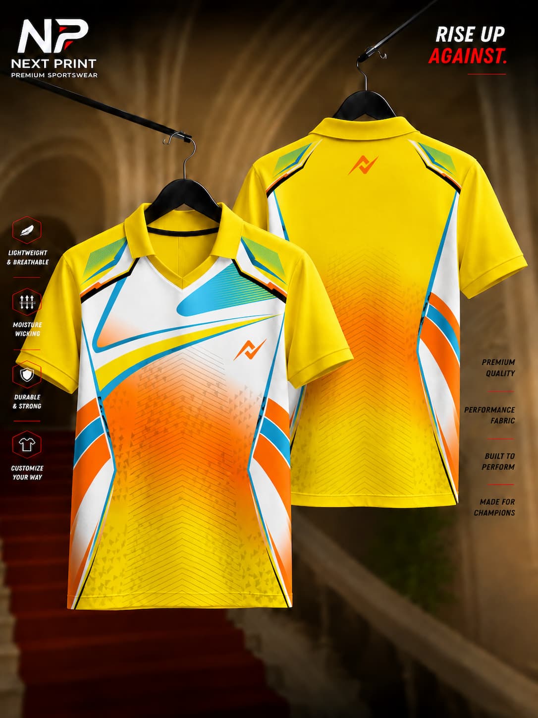 Front and back view of Elite Velocity Fusion Polo Sports Jersey featuring yellow, white, orange, and blue geometric graphics with a premium polo V-neck collar and dry-fit fabric.