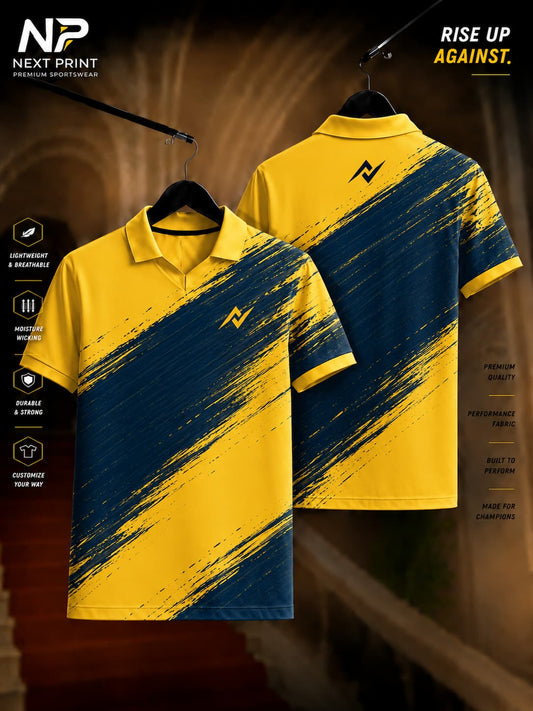 Front and back view of Elite Velocity Gold Brush Polo Sports Jersey featuring bold diagonal navy brushstroke graphics on premium gold dry-fit fabric with a polo V-neck collar.