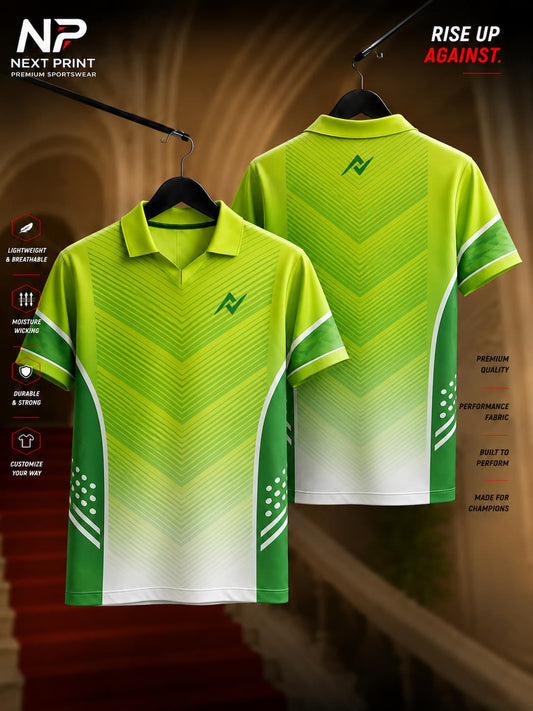 Front and back view of Elite Velocity Green Fusion polo sports jersey featuring lime green chevron graphics, dark green side panels, gradient fade, and premium dry-fit fabric.