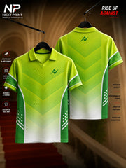 Front and back view of Elite Velocity Green Fusion polo sports jersey featuring lime green chevron graphics, dark green side panels, gradient fade, and premium dry-fit fabric.