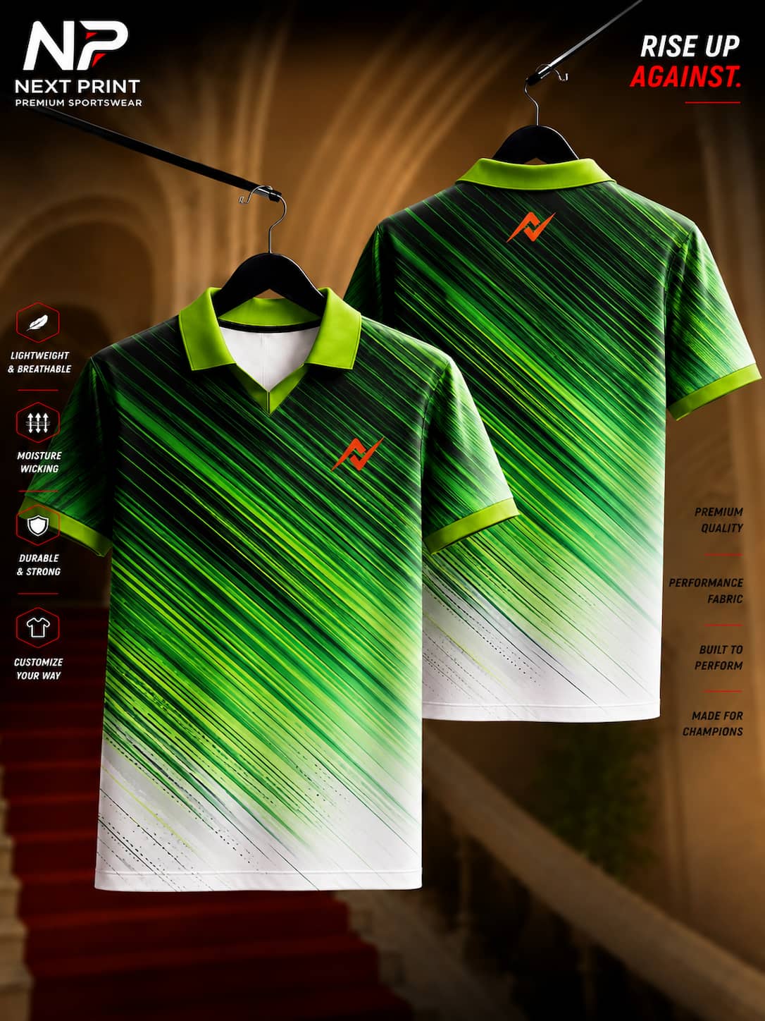 Front and back view of the Elite Velocity Green Streak Polo Sports Jersey featuring diagonal green speed-line graphics with a white gradient base and polo collar.