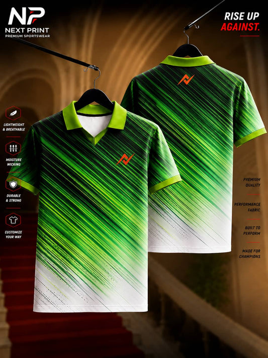 Front and back view of the Elite Velocity Green Streak Polo Sports Jersey featuring diagonal green speed-line graphics with a white gradient base and polo collar.