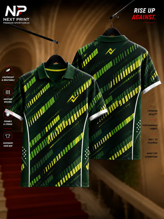 Front and back view of Elite Velocity Matrix polo sports jersey featuring dark green fabric with diagonal lime and yellow digital stripe graphics, polo V-neck collar, and premium dry-fit material.