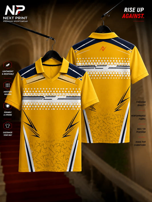 Front and back view of the Elite Velocity Pro yellow polo sports jersey featuring navy blue and white performance graphics on premium dry-fit fabric.
