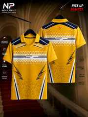 Front and back view of the Elite Velocity Pro yellow polo sports jersey featuring navy blue and white performance graphics on premium dry-fit fabric.