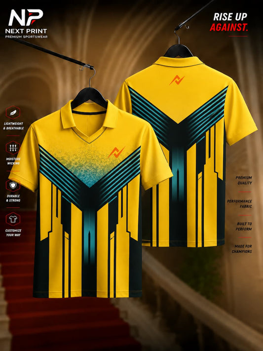 Front and back view of Elite VoltStrike yellow polo sports jersey featuring black and teal geometric graphics with a performance dry-fit design.