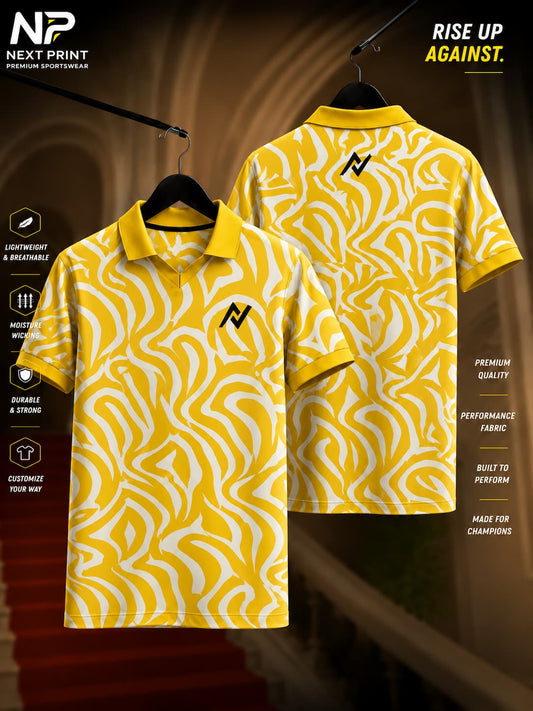 Elite Wave Fusion yellow and white polo sports jersey featuring an abstract flowing wave pattern with front and back views.