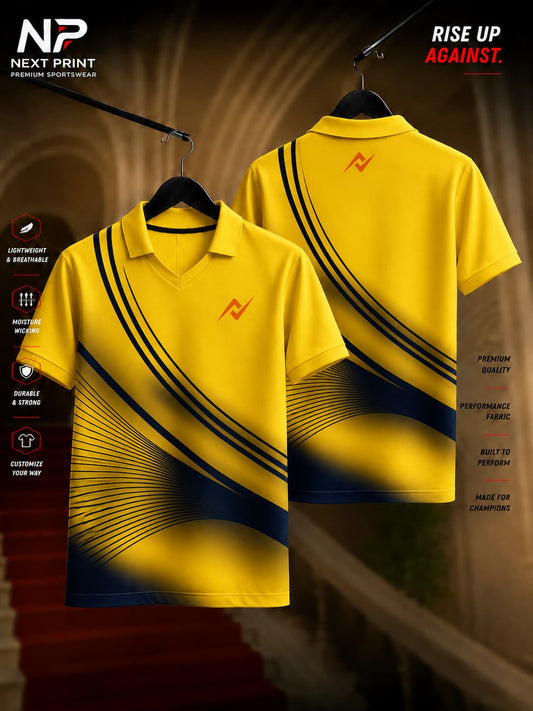 Front and back view of the Elite Wave Motion Polo Sports Jersey featuring navy curved wave graphics on a bright yellow premium dry-fit polo jersey.