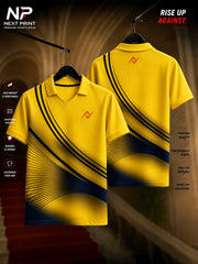 Front and back view of the Elite Wave Motion Polo Sports Jersey featuring navy curved wave graphics on a bright yellow premium dry-fit polo jersey.