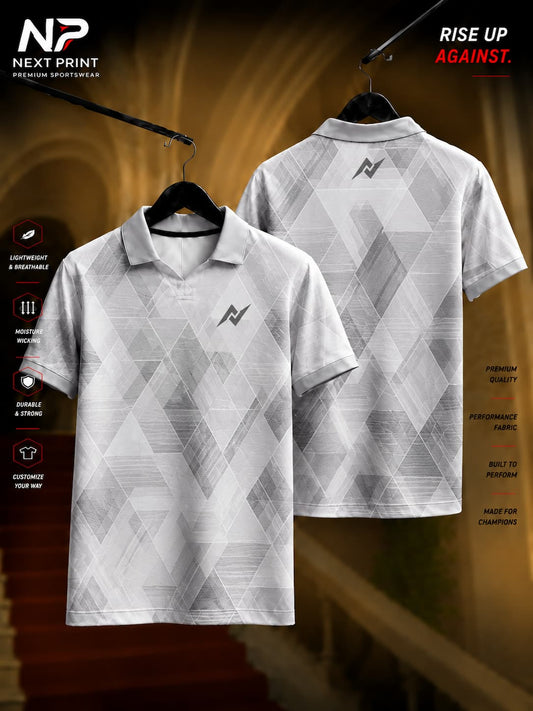 Elite White Fusion Polo Sports Jersey with geometric grey pattern, premium dry-fit fabric, front and back view.