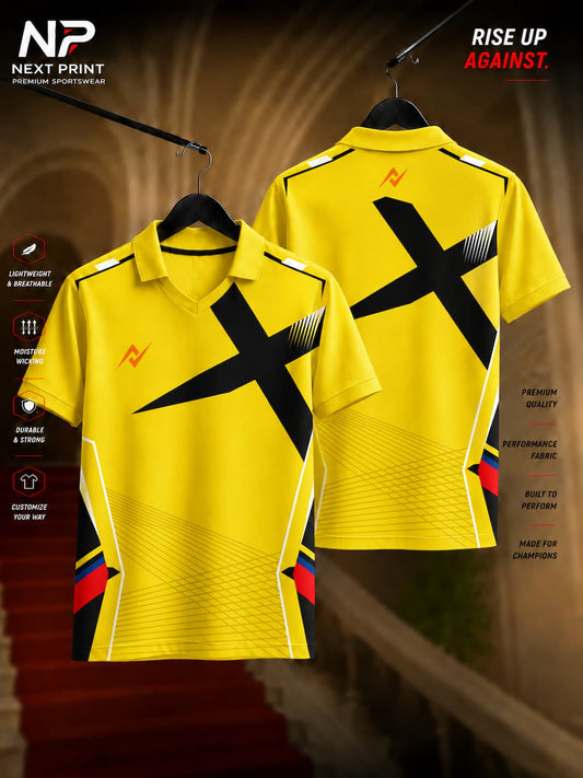 Front and back view of the Elite X-Blade Polo Sports Jersey featuring a bold black X graphic with white, red, and blue accents on a yellow performance polo jersey.