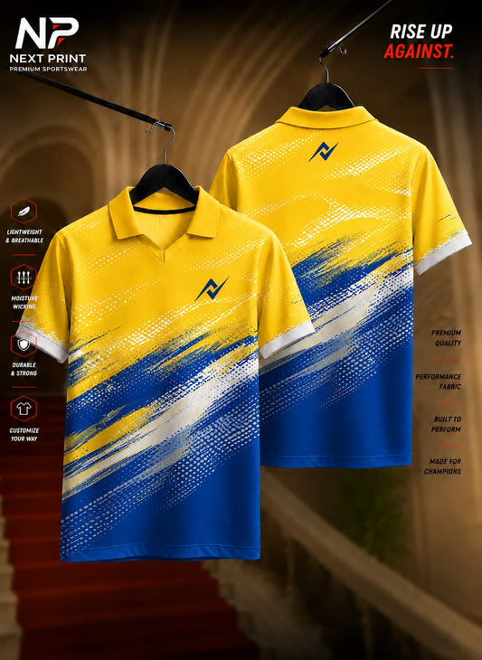 Yellow and royal blue polo sports jersey featuring dynamic diagonal brush-stroke graphics with front and back views on premium dry-fit fabric.