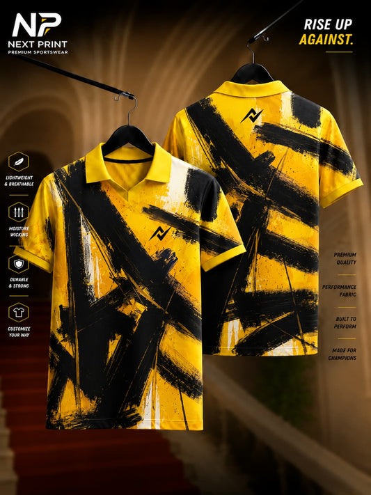 Front and back view of Elite Yellow Brushstroke Performance Polo Jersey with bold black abstract brushstroke graphics and polo collar.