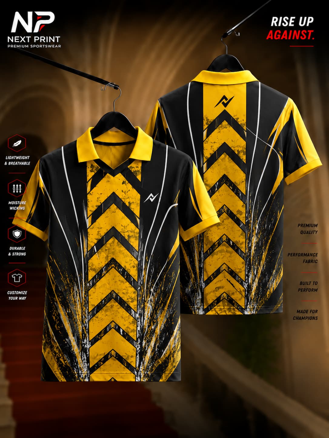 Front and back view of Elite Yellow Chevron Strike Performance Polo Jersey featuring bold yellow chevron graphics, black side panels, white accent lines, and a premium polo collar.