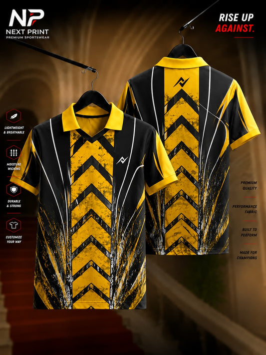 Front and back view of Elite Yellow Chevron Strike Performance Polo Jersey featuring bold yellow chevron graphics, black side panels, white accent lines, and a premium polo collar.