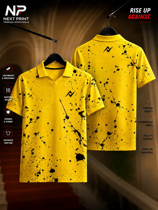 Front and back view of Elite Yellow Splash Performance Polo Jersey featuring black paint splatter graphics with a polo collar and premium sportswear design.