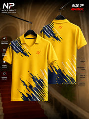 Front and back view of Elite Yellow Splash Polo Sports Jersey featuring navy paint splash graphics, halftone accents, polo V-neck collar, and premium dry-fit fabric.