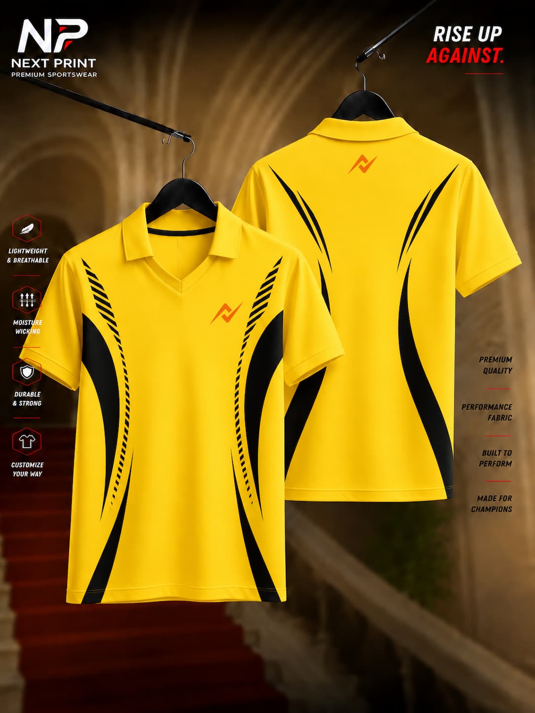 Front and back view of Elite Yellow Strike Polo Sports Jersey featuring bold black side graphics, polo V-neck collar, and premium dry-fit performance fabric.