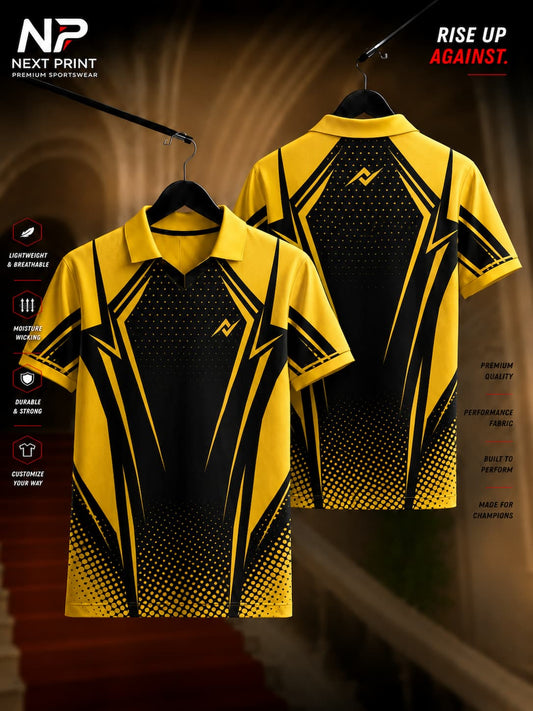 Front and back view of the Elite Yellow Velocity Performance Polo Jersey featuring a bold black geometric center panel, yellow accents, halftone gradient pattern, and polo collar.