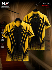 Front and back view of the Elite Yellow Velocity Performance Polo Jersey featuring a bold black geometric center panel, yellow accents, halftone gradient pattern, and polo collar.