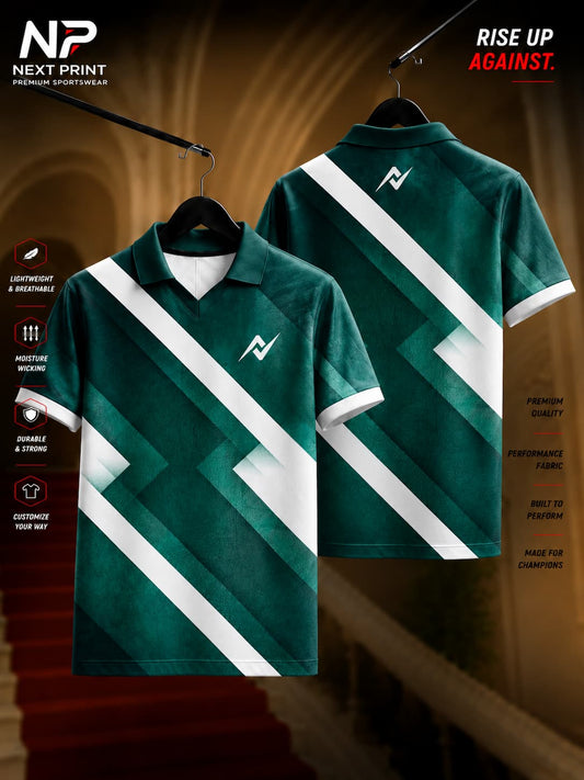 Front and back view of Emerald Edge Stripe Polo Sports Jersey featuring deep emerald green color with bold white diagonal stripe graphics and polo V-neck collar.