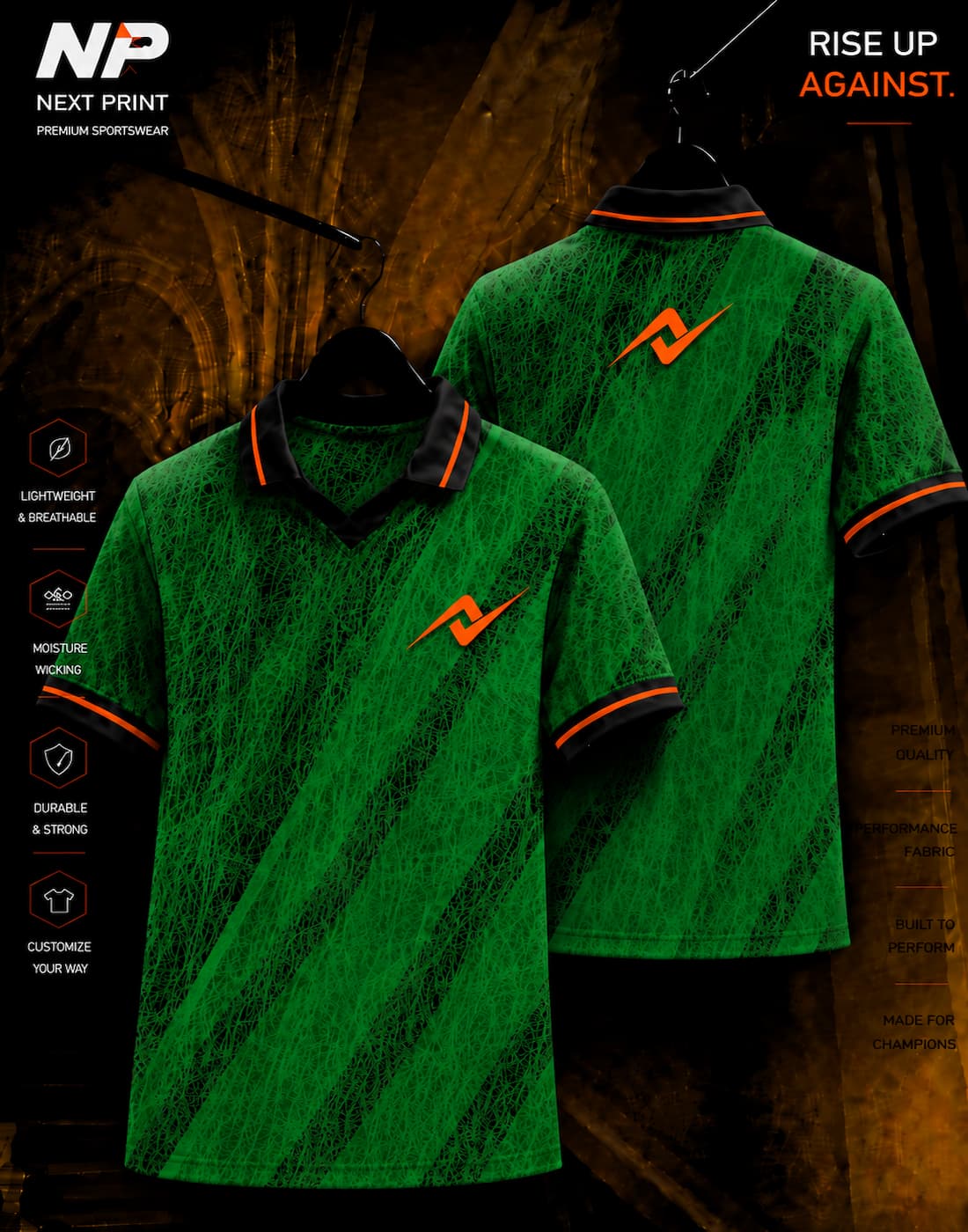 Emerald green abstract texture sublimation polo sports jersey with orange Next Print logo, front and back view