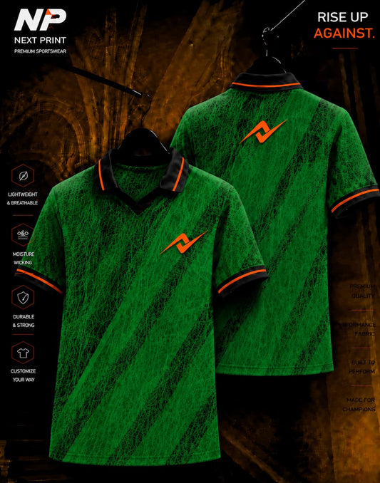 Emerald green abstract texture sublimation polo sports jersey with orange Next Print logo, front and back view