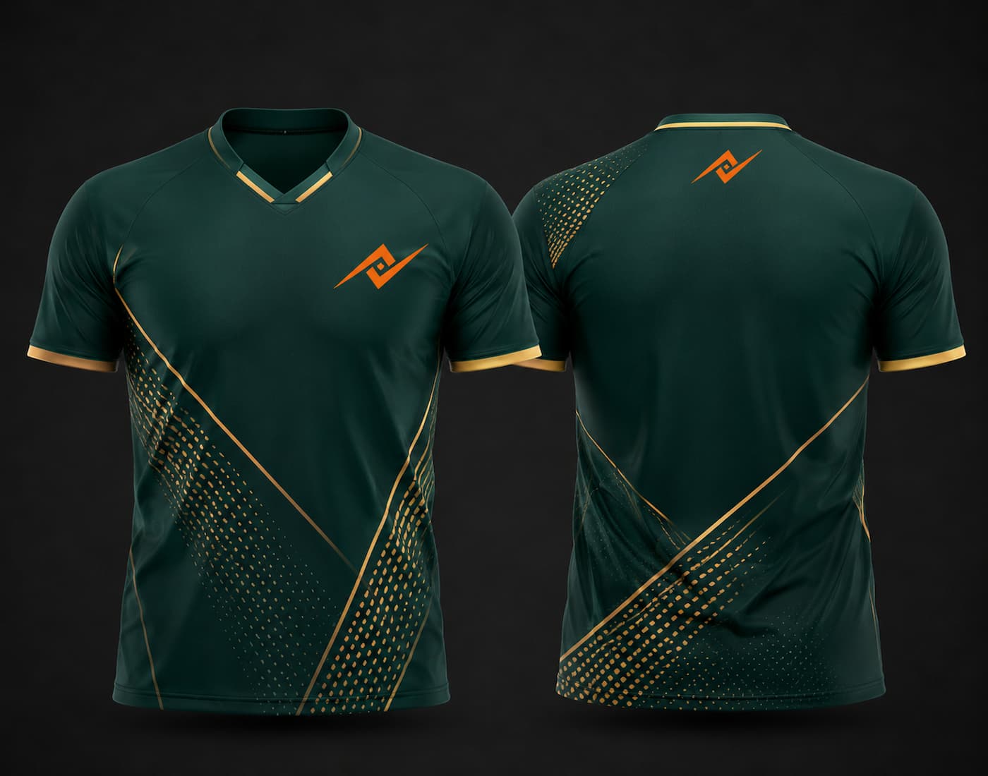 Front and back view of an emerald green custom V-neck cricket jersey featuring elegant gold geometric graphics with a custom chest logo and back neck logo.
